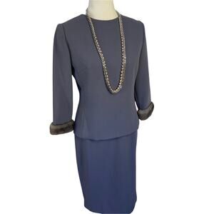 Chetta B Vintage 90's Genuine Mink Trimmed Two Piece Blue Gray Skirt Suit Size 4